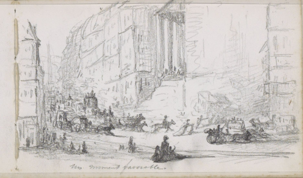 Ein detailliertes Zeichnung einer belebten Stadtstraßenszene mit Menschen, Fahrzeugen und Gebäuden, geschaffen von Joseph Mallord William Turner, mit Text unten.