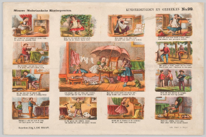 Ein abgenutztes Buch mit Illustrationen von Kindern, die in einem sonnigen, grünen Garten spielen, mit Aktivitäten wie dem Spielen mit Spielzeug und einem Ball.