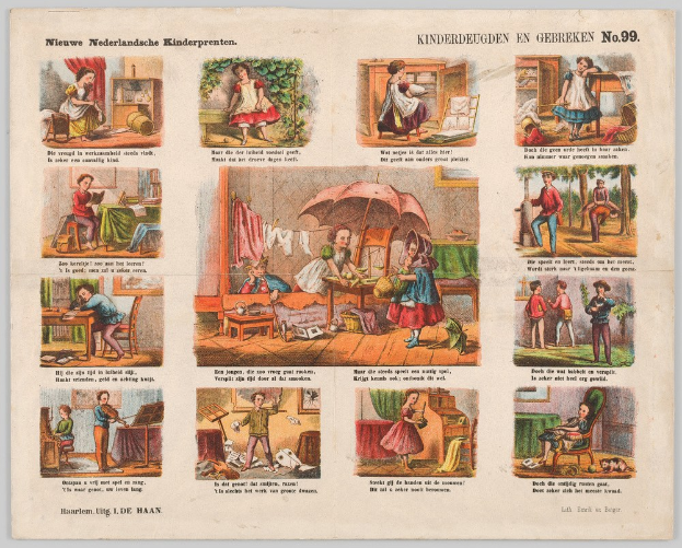 Ein abgenutztes Buch mit Illustrationen von Kindern, die in einem sonnigen, grünen Garten spielen, mit Aktivitäten wie dem Spielen mit Spielzeug und einem Ball.