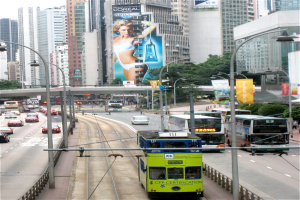 Eine belebte Stadtstraße mit verschiedenen Fahrzeugen, darunter Doppeldeckerbusse, Autos und andere Fahrzeuge, umgeben von hohen Gebäuden, Polen, Lampen, Schildern, Bannern, Bäumen und einer Brücke unter einem klaren blauen Himmel, mit Text am unteren Rand des Bildes.