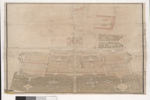 Ein detaillierter Stadtplan mit zahlreichen Gebäuden, darunter eine markante zentrale Struktur, begleitet von beschreibendem Text.