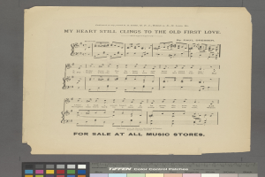 Ein Blatt Papier mit dem Text "Mein Herz Klammerte sich Noch an die Alte Erste Liebe" und Musiksymbolen, mit Farboptionen unten.