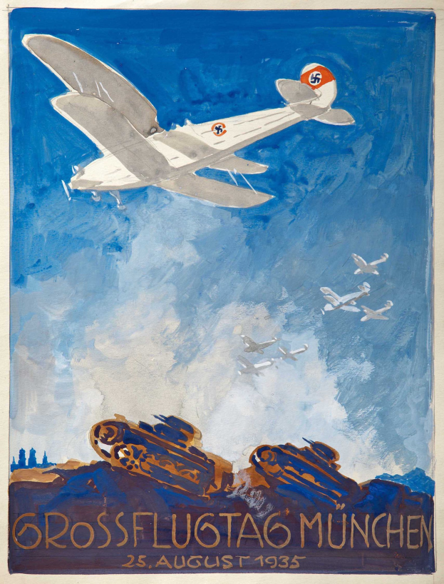 Plakat für den "Grossflugtag München" am 25. August 1935 mit einem Flugzeug, das durch den Himmel fliegt und andere Flugzeuge im Hintergrund.