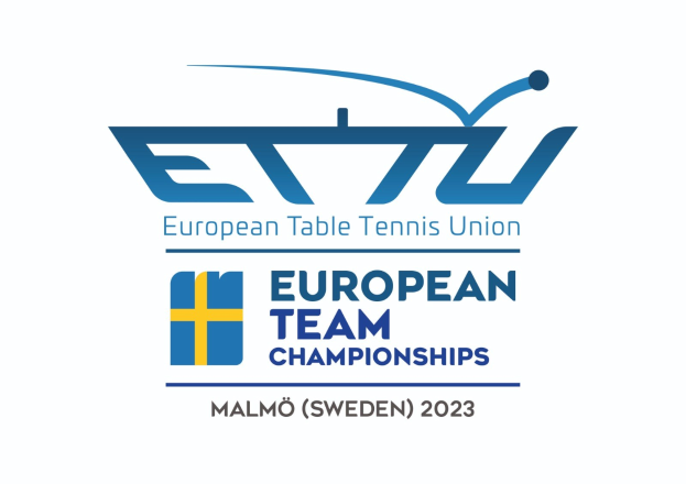 Logo der Europäischen Tischtennis-Union (ETTU) mit dem Text "Europäische Mannschaftsmeisterschaften" darunter, das einen blauen Kreis mit einem weißen Tischtennis-Schläger und einem weißen und blauen Rand zeigt.