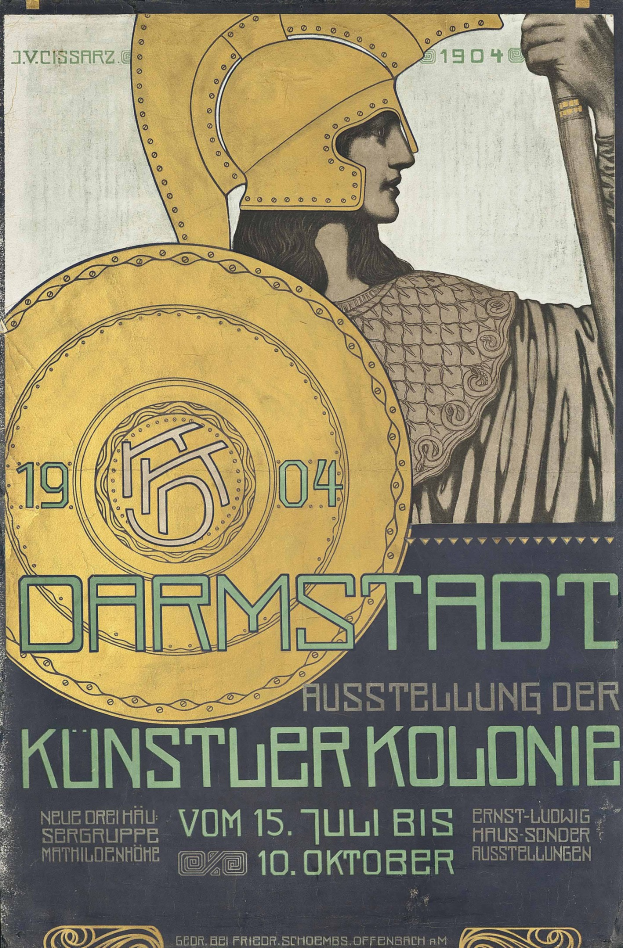 Plakat für ein Berliner Konzert im Jahr 1904 mit einer Helme tragenden Figur, die ein Schild hält, mit 'Darmstadt' und 'Künstler Kolonie' in fetter Schrift.