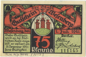 Eine alte deutsche Banknote mit einer Gebäudeillustration, dem Text 'Bundesliga' und einem Logo unten, vor einem weißen Hintergrund.