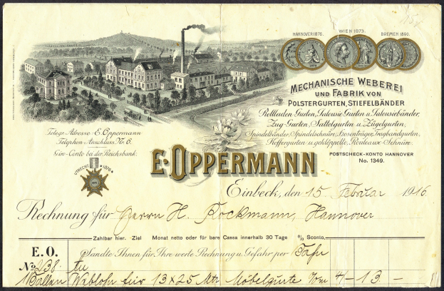 Alte deutsche Banknote mit einer Fabriklustration und Text, Zahlen und Bilder von Gebäuden, Bäumen und Rauch.