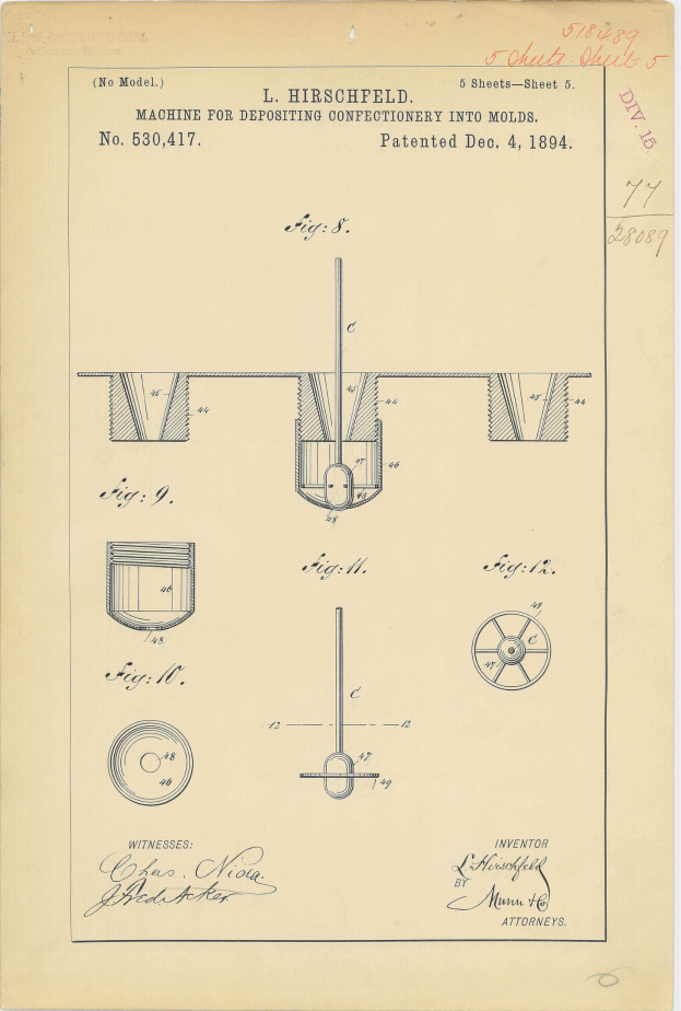 Schwarzes und weißes Patent-Zeichnung von einer Maschine, die Konfekt in Formen abfüllt, mit detailliertem Text und nummerierten Beschriftungen.
