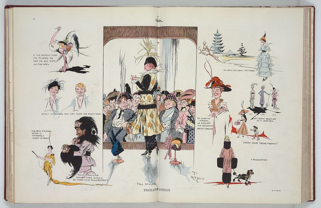 Offenes Buch mit einer Zeichnung einer vielfältigen Gruppe von Menschen auf einer flachen Oberfläche, enthaltend Bilder und Text, wahrscheinlich über Mode.