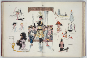 Offenes Buch mit einer Zeichnung einer vielfältigen Gruppe von Menschen auf einer flachen Oberfläche, enthaltend Bilder und Text, wahrscheinlich über Mode.