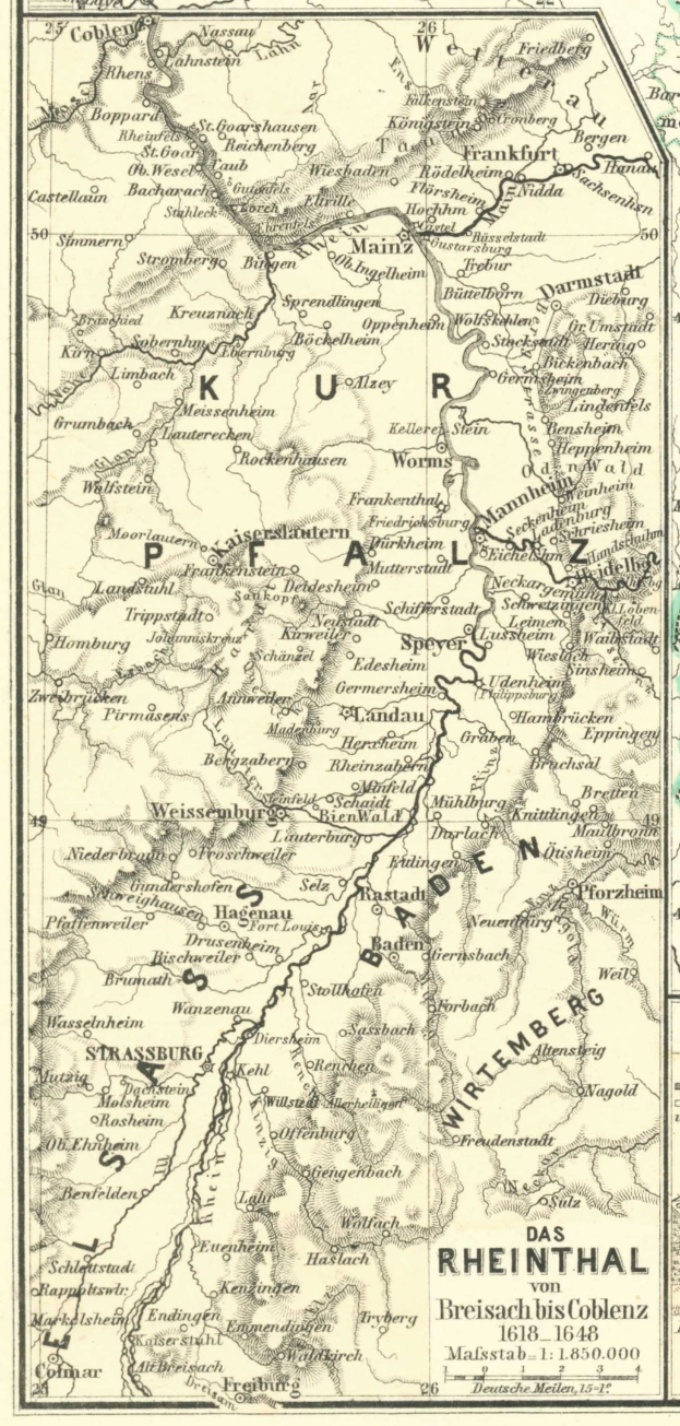 Detailiertes altes Kartenblatt des Rheins in Deutschland mit Text oben und unten, das Flüsse, Städte und geografische Merkmale zeigt.