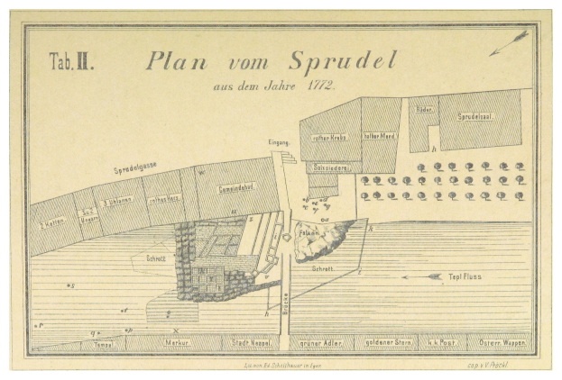 Ein Plakat mit einem detaillierten Plan von Spruidel, Deutschland, und begleitendem Text, der zusätzliche Informationen über die Stadt enthält.