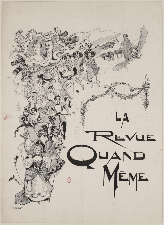 Ein Filmplakat für "La Revue Quand Meme" mit einer Gruppe von Menschen in der Mitte und Text, der den Film und seine Charaktere beschreibt.