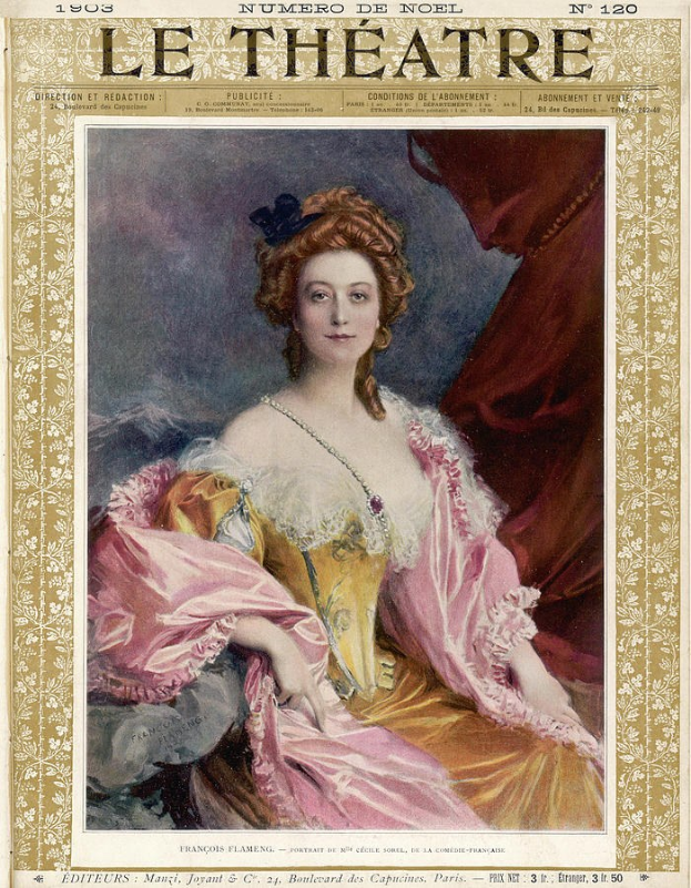 Eine Frau in einem pinken Kleid mit zurückgebundenem Haar, die direkt in die Kamera schaut, auf dem Cover eines Magazins mit der Aufschrift "Le Theatre".