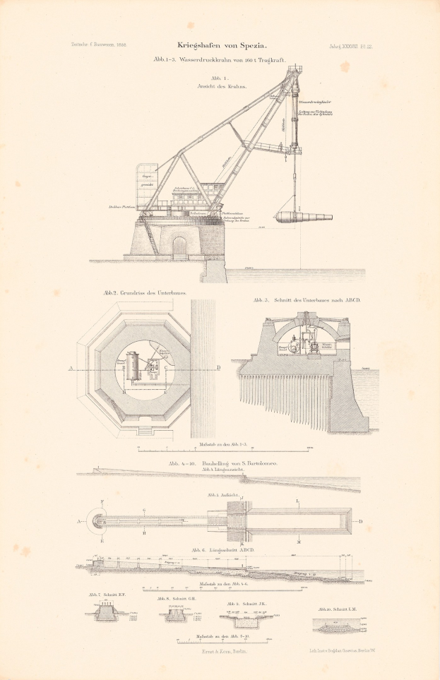 Eine detaillierte Zeichnung eines Krans auf Papier, mit ausgefahrenem Arm und nach oben geneigtem Kopf, neben begleitendem Text, der seine Merkmale beschreibt.