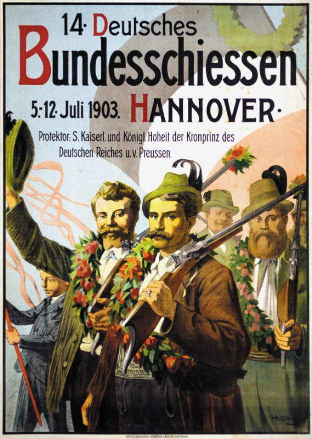 Deutsches Propagandaplakat aus dem Zweiten Weltkrieg, das Soldaten in Girlanden mit Gewehren zeigt, mit Text oben und unten.