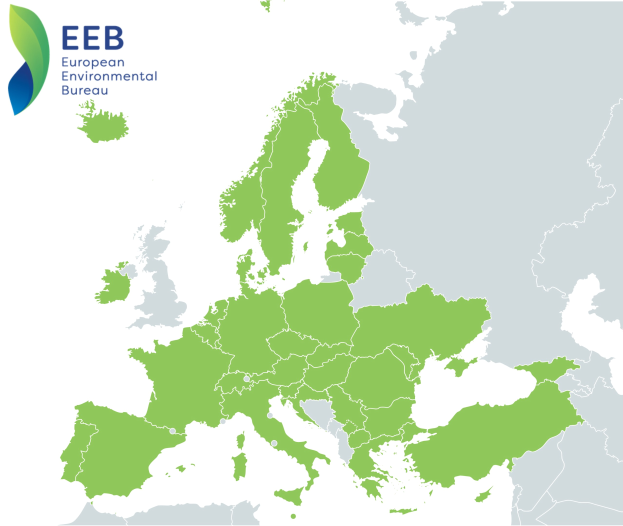 Eine Europakarte mit dem Logo der European Environmental Bureau in der linken oberen Ecke, die in verschiedenen Grünungen schattiert ist, um die EU-Regionen anzuzeigen.