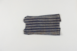 Ein Stofffetzen mit gleichmäßig verteilten blauen und weißen horizontalen Streifen, leicht zerknittert, auf einer weißen Oberfläche.