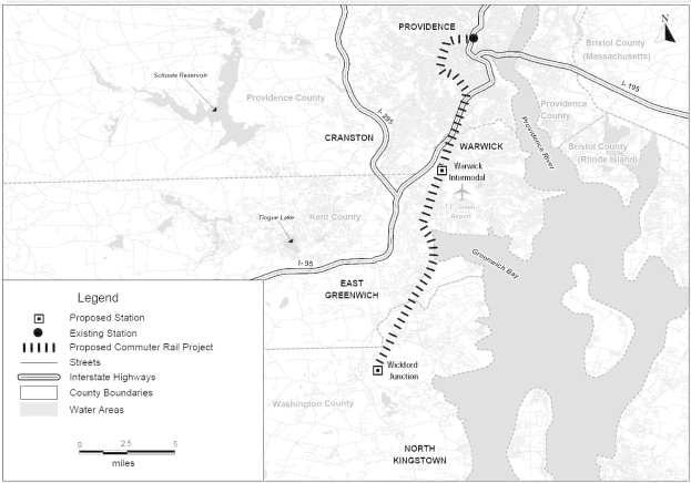 Schwarz-weiß-Karte einer Stadt mit einem Fluss, beschriftet mit "Proposed Commuter Rail Project", zeigend Straßen, Autobahnen und andere Merkmale.