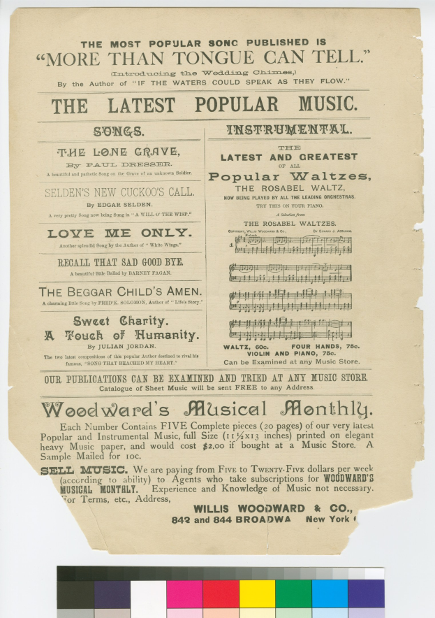 Ein Blatt Papier mit dem Text "Der Beliebteste Veröffentlichte Song ist Mehr Als Zunge Kann Erzählen" und Farbmustern unten.