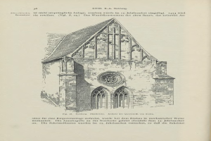 Ein altes Buch mit einer detaillierten Zeichnung einer Kirche, einschließlich ihrer Fenster, Bögen und Dach, mit begleitendem Text, der weitere Informationen liefert.