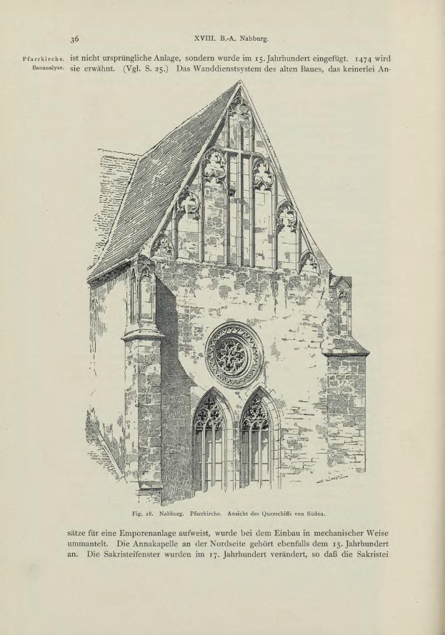Ein altes Buch mit einer detaillierten Zeichnung einer Kirche, einschließlich ihrer Fenster, Bögen und Dach, mit begleitendem Text, der weitere Informationen liefert.