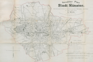 Detailierte Karte von Stadt Münster, Deutschland, von 1873 mit Textanmerkungen zur Stadtplanung.