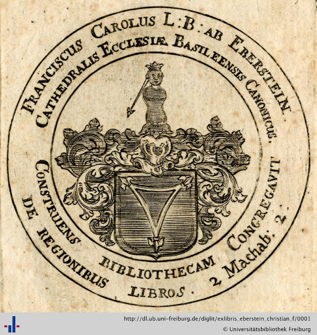 Altes Buch mit einem Wappen, das einen Schild, eine Krone, einen Lorbeerkranz und das Wort 'Bibliothek' auf einem Banner zeigt, mit 'Bibliotheken' darunter.