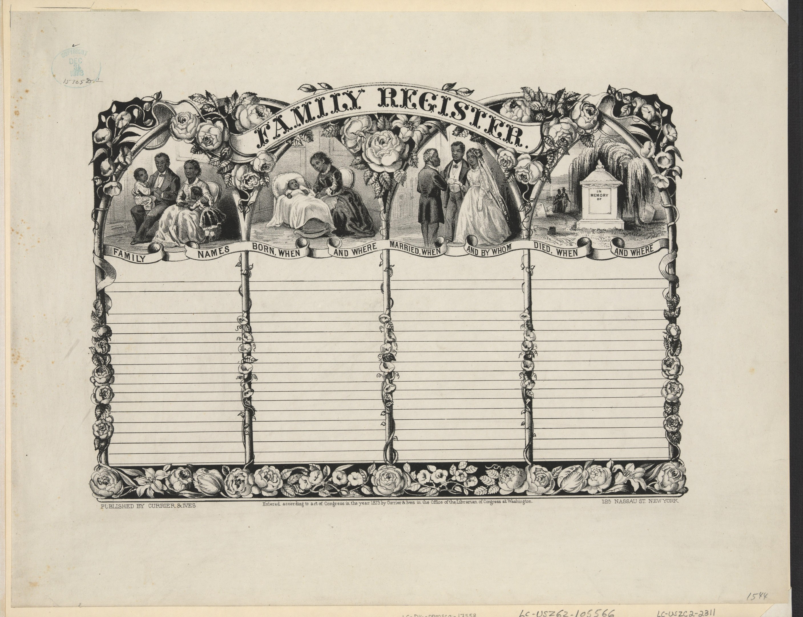 Schwarz-weißes Familienregister mit Gruppenfoto in der Mitte und handgeschriebenem Text.