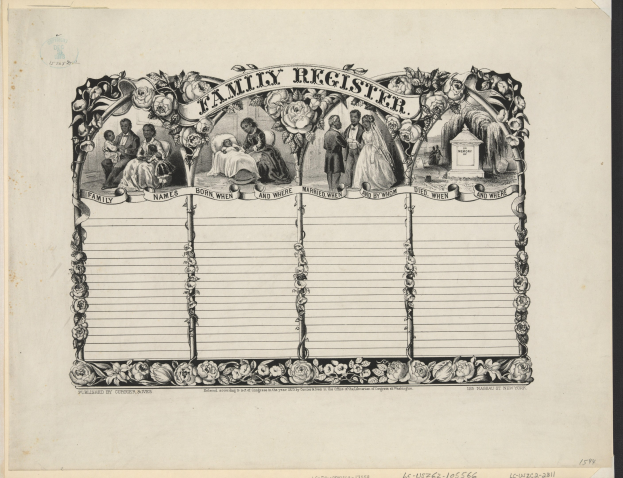 Schwarz-weißes Familienregister mit Gruppenfoto in der Mitte und handgeschriebenem Text.