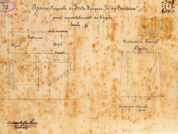 Alter architektonischer Plan eines Hausgrundrisses auf vergilbtem Papier mit handgeschriebener Text und einem Stempel auf der linken Seite.
