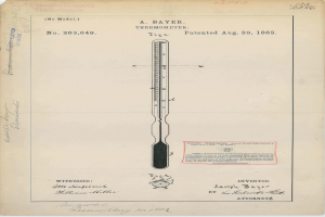 Ein altes Buch mit einer Zeichnung eines Thermometers, das mit "Bayer Thermometer Patent No. 263,649" beschriftet ist, auf dem Cover.
