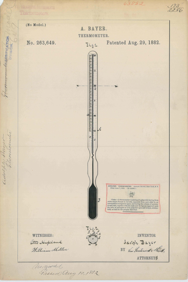 Ein altes Buch mit einer Zeichnung eines Thermometers, das mit "Bayer Thermometer Patent No. 263,649" beschriftet ist, auf dem Cover.
