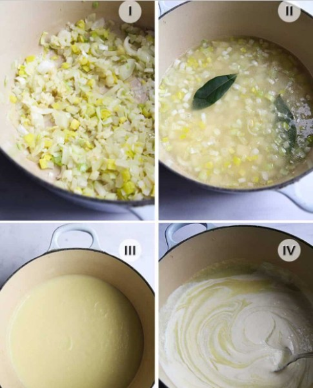 Collage aus vier Fotos, die die Zubereitung der Suppe zeigen: gewürfelte Gemüse in einer Schüssel, Zutaten, die in den Topf gegeben werden, gemischtes Gemüse in der Brühe und eine fertige Schüssel Suppe, die serviert werden kann.