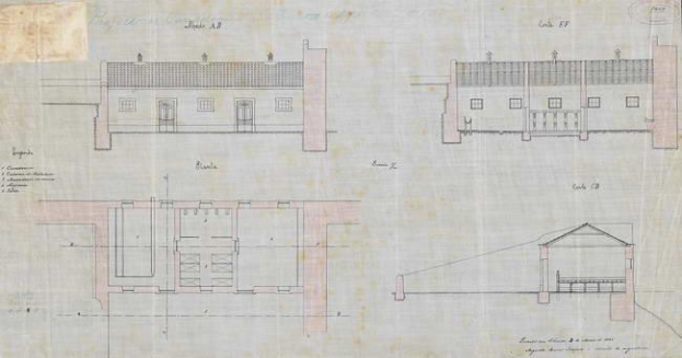 Ein detaillierter architektonischer Grundriss eines mehrfenstrigen Gebäudes, das mutmaßlich ein Lageplan für eine neue Schule ist, mit umfassenden Layoutdetails und Text.