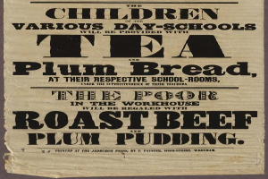 Ein Blatt mit der Aufschrift "Die Kinder der verschiedenen Tagesschulen erhalten Tee, Pflaumenbrot und Rindfleisch und Pflaumenpudding"