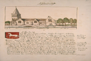 Altes Buch mit einer Kirchenillustration im Hintergrund, umgeben von Bäumen und einem Logo, mit der Aufschrift "Alfred deff - Kirche der Heiligen Dreifaltigkeit".