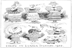 Ein Blatt mit einer Zeichnung mehrerer Frauen in 1932 Frühjahrs- und Sommerkleidern, begleitet von beschreibendem Text.