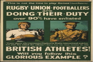 Britisches Armee-Recruiting-Plakat mit zwei Rugby-Union-Fußballern in Uniform, mit Text zur Förderung der Athleteneinsatz.