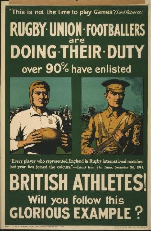 Britisches Armee-Recruiting-Plakat mit zwei Rugby-Union-Fußballern in Uniform, mit Text zur Förderung der Athleteneinsatz.