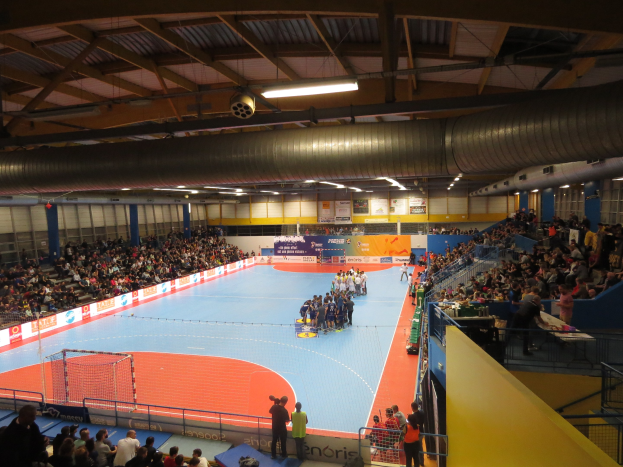 Indoor-Handballhalle mit sitzenden und stehenden Zuschauern, einem Netz auf der linken Seite, Anzeigetafeln im Hintergrund und Deckenbeleuchtung und Rohren.