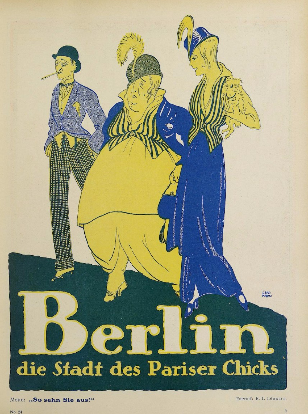 Plakat für ein Konzert in Berlin, Deutschland, das eine Gruppe von Menschen in bunten Klamotten vor einem Gebäude zeigt, mit dem Text "Berlin - Die Stadt des Pariser Chicks" oben.