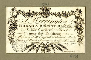 Eine alte Visitenkarte mit einer Zeichnung eines Brot- und Gebäckbäckers, auf der die Angebote der Bäckerei beschrieben sind.