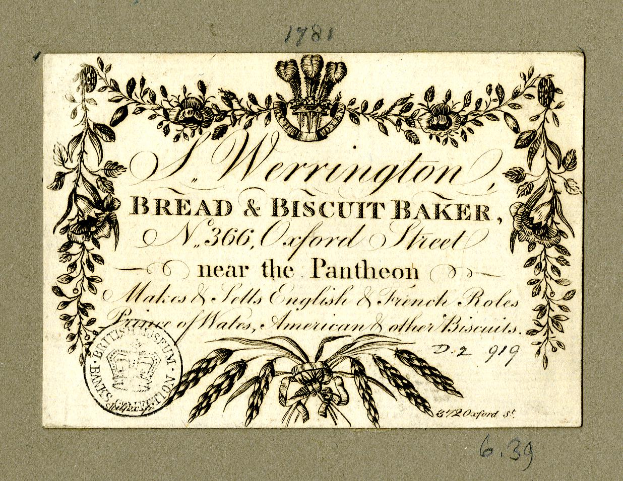 Eine alte Visitenkarte mit einer Zeichnung eines Brot- und Gebäckbäckers, auf der die Angebote der Bäckerei beschrieben sind.