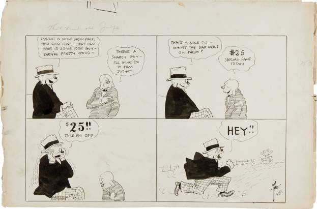 Ein Comic-Strip-Panel mit einem Mann in Zylinder und einer Frau in einem Kleid, beide besorgt aussehend, mit der Beschriftung 'Die Wahrheit des Richters.'