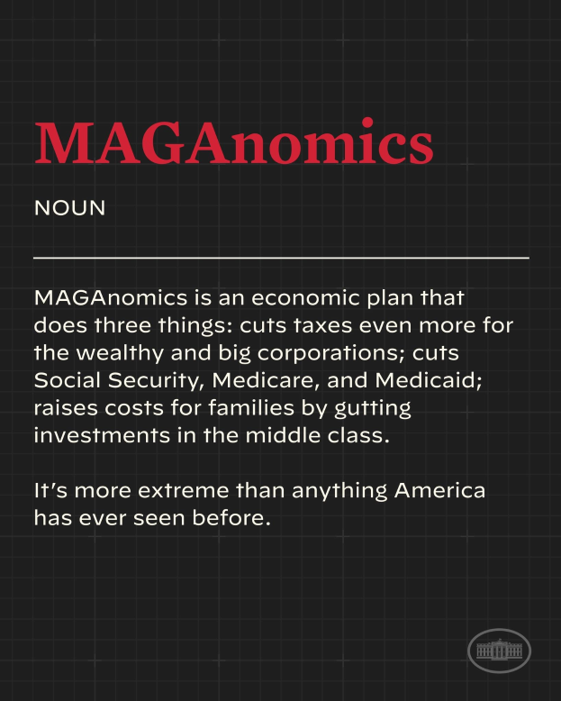 Plakat mit fettem schwarzem Text auf einem weißen Hintergrund, eingerahmt von einem schmalen schwarzen Rand, der besagt "Maganomics: Ein Wirtschaftsplan, der drei Dinge tut - Steuern für Wohlhabende und große Unternehmen weiter senken".
