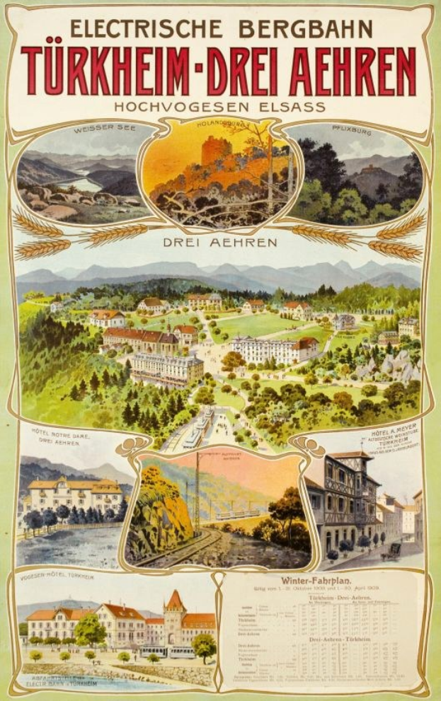 Plakat bewirbt Bergbahn, Deutschland als elektrisches Stadt, mit Bildern von Gebäuden, Bäumen, Hügeln und beschreibendem Text.