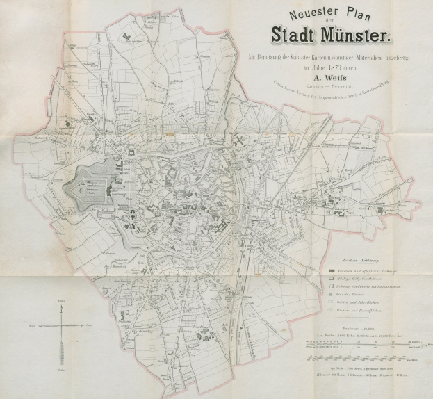 Detailierte 1873-Karte von Stadt Münster, Deutschland, mit Textanmerkungen zur Stadtplanung.