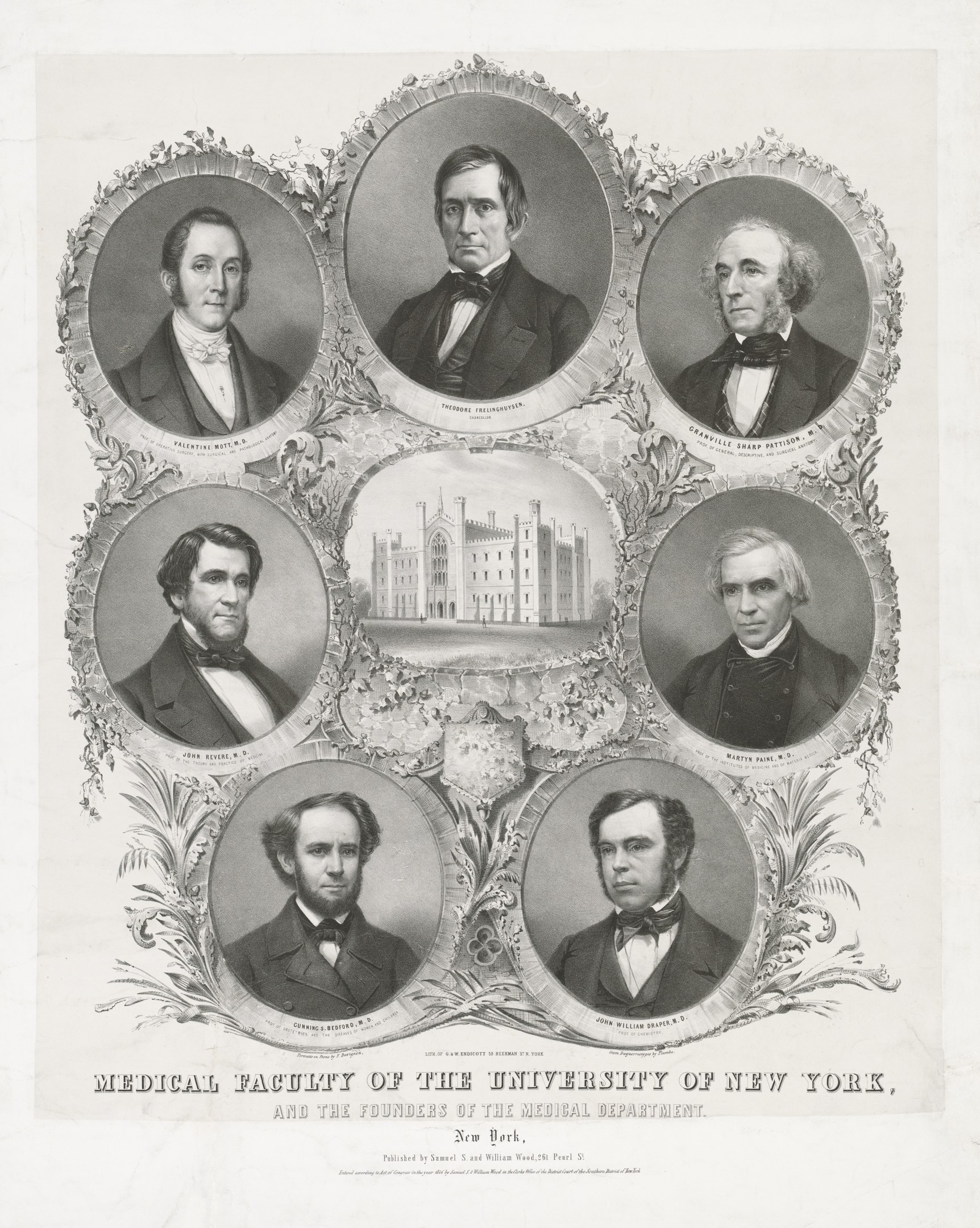 Schwarzes und weißes Foto von formell gekleideten Männern, die vor einem Gebäude posieren, mit Text unten, der lautet: "Medizinische Fakultät der Universität New York und die Gründer des Medizinischen Departments."