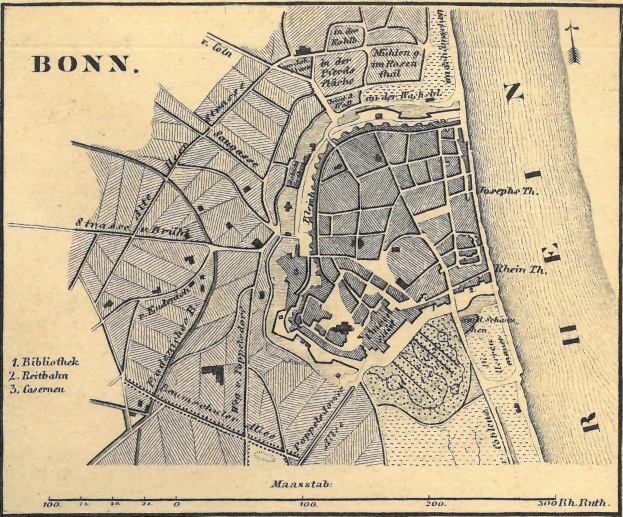 Alte detaillierte Karte von Bonn, Deutschland, mit Straßennamen, Gebäuden und Sehenswürdigkeiten mit Textbeschriftungen.